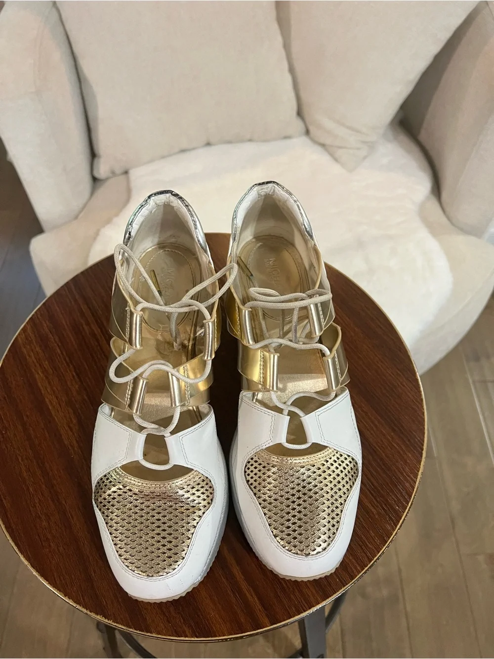 Michael Kors White Gold Metallic Lace-Up Wedge Sneakers Women’s